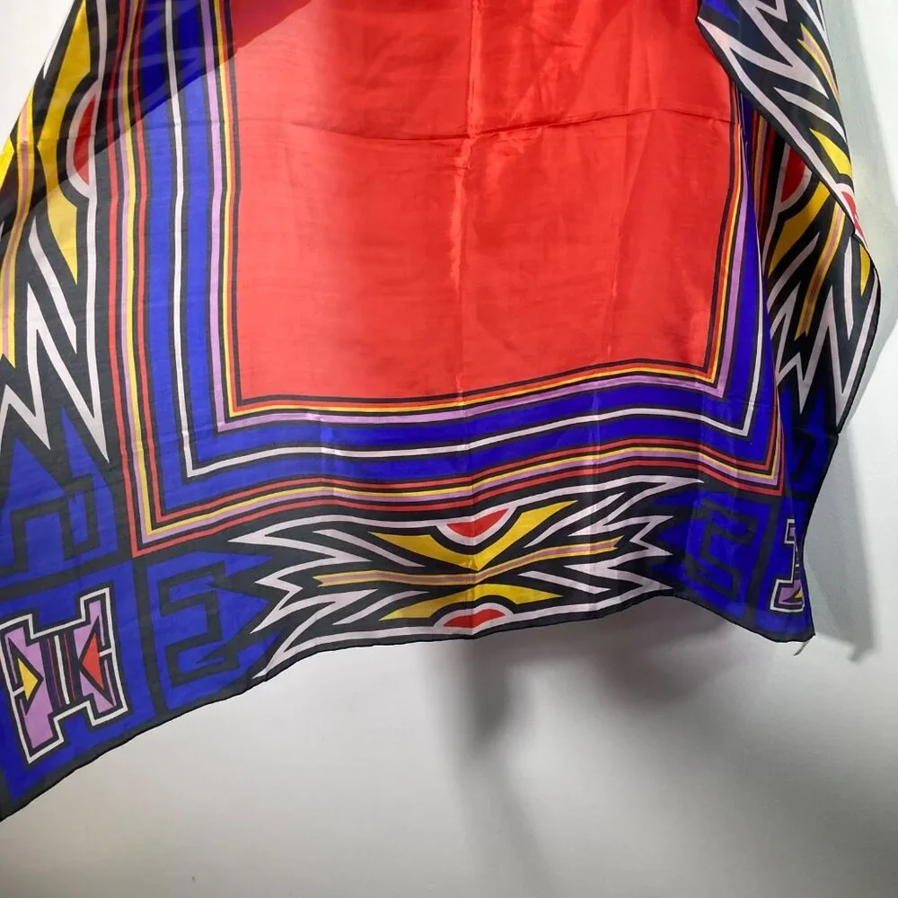 Womens Aztec Shanghai Sunrise Silk Scarf Blue Red Yellow 32 x 33